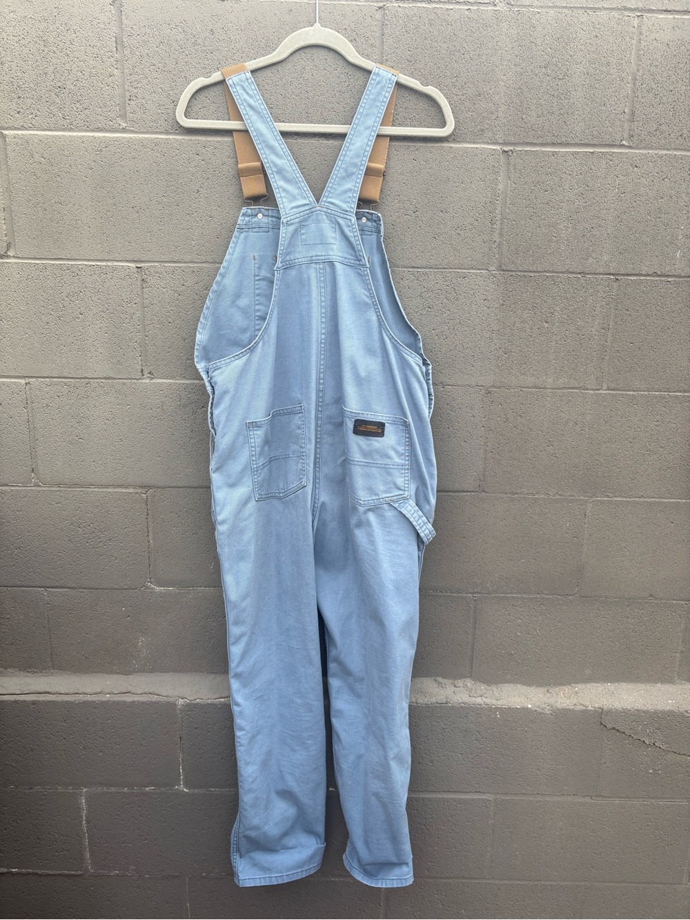 REI Light Blue Denim Overalls with Tan Adjustable Straps - Picture 2 of 4